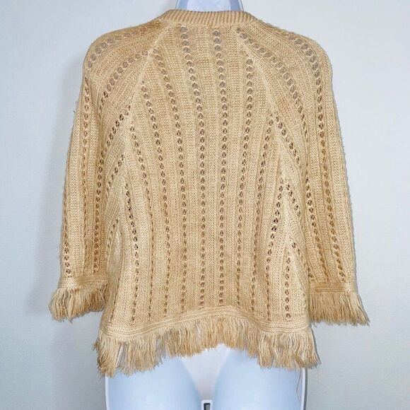 Womens Sweater Poncho OS Beige Sleeveless Cable Knit Fringe One Size - Picture 7 of 9